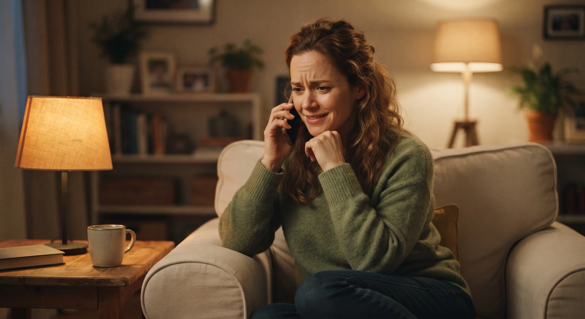 A worried woman on the phone at home, holding her jaw