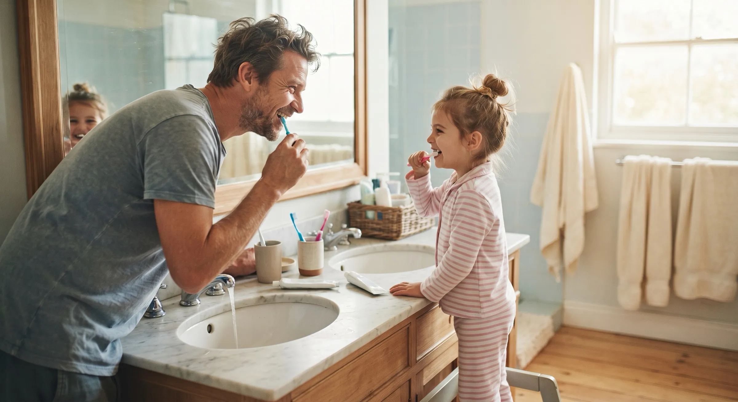 A dad and his young daughter brushing their teeth together at the bathroom sink