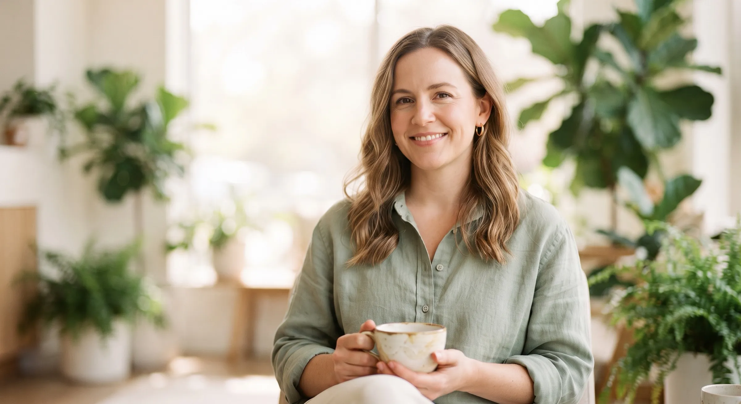 A relaxed woman smiling and holding a cup of tea in a bright room full of plants