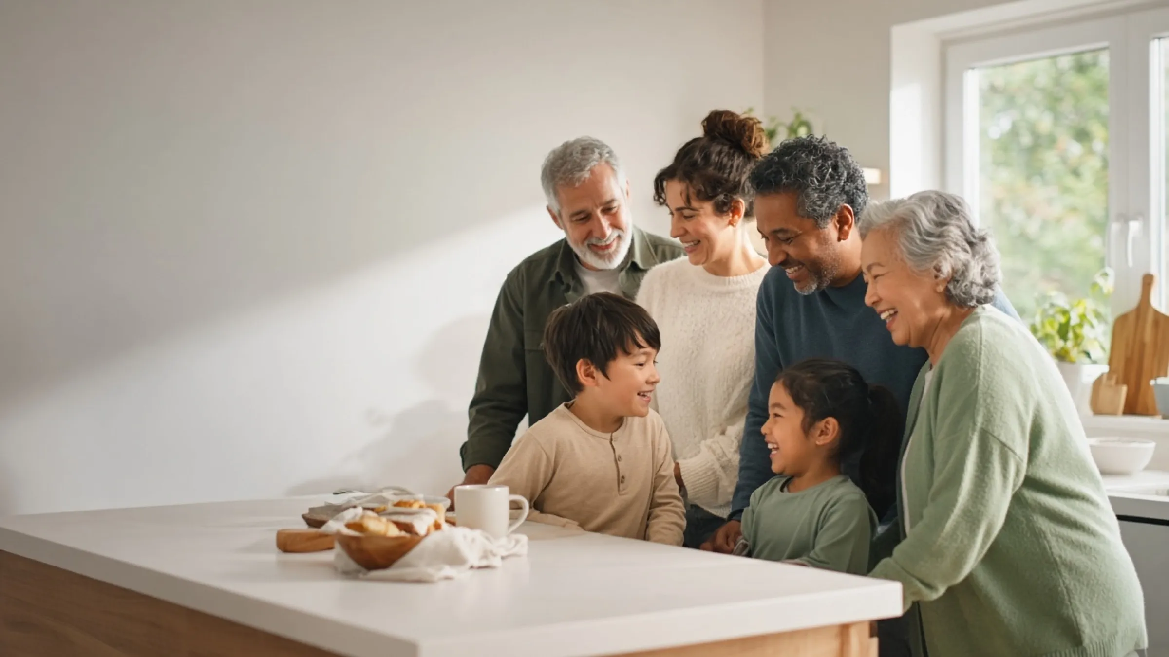 Three generations of a family sharing breakfast and laughing together in a bright kitchen