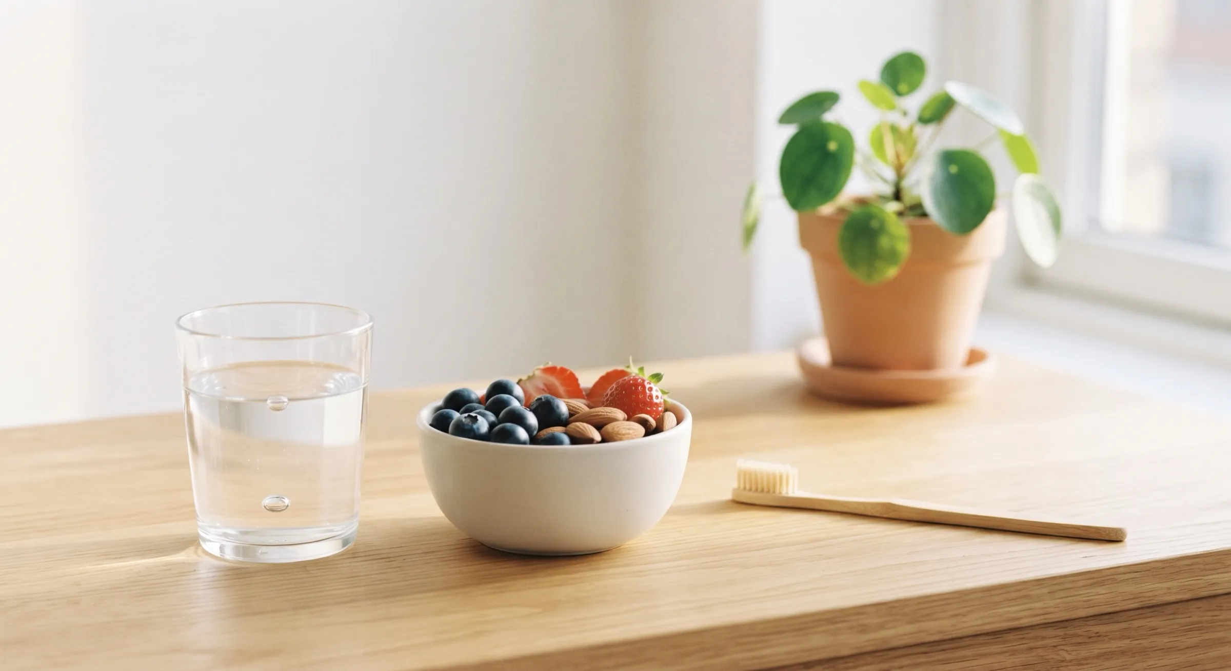 A glass of water, a bowl of berries and almonds, and a bamboo toothbrush on a sunlit wooden table
