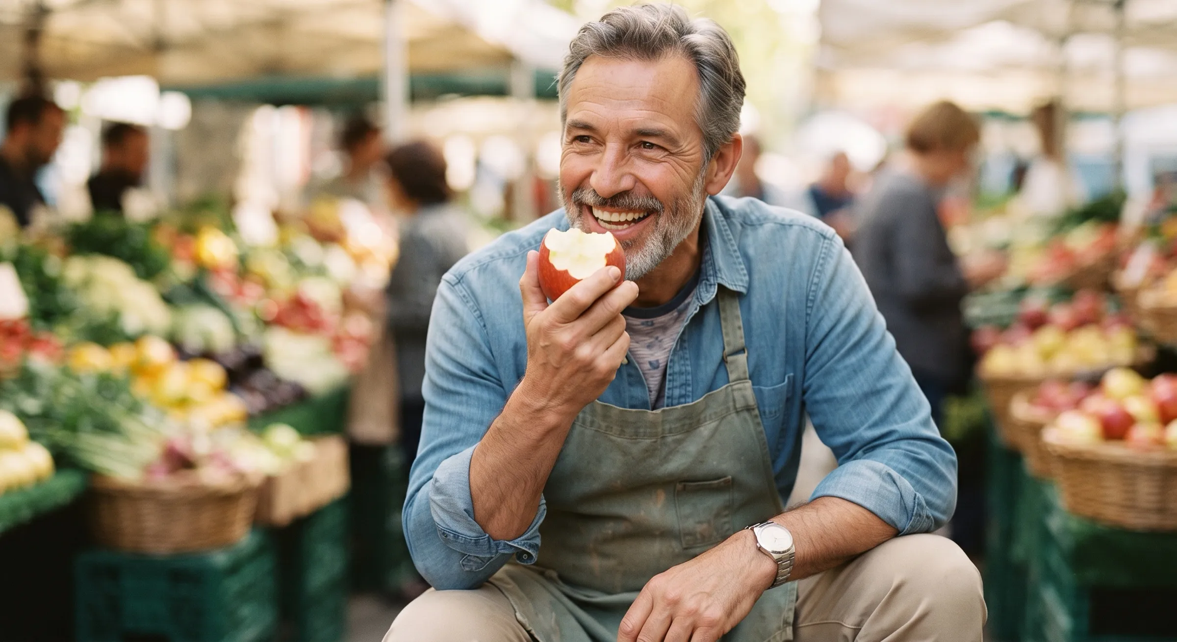 A smiling man confidently biting into a crisp apple at a farmers’ market