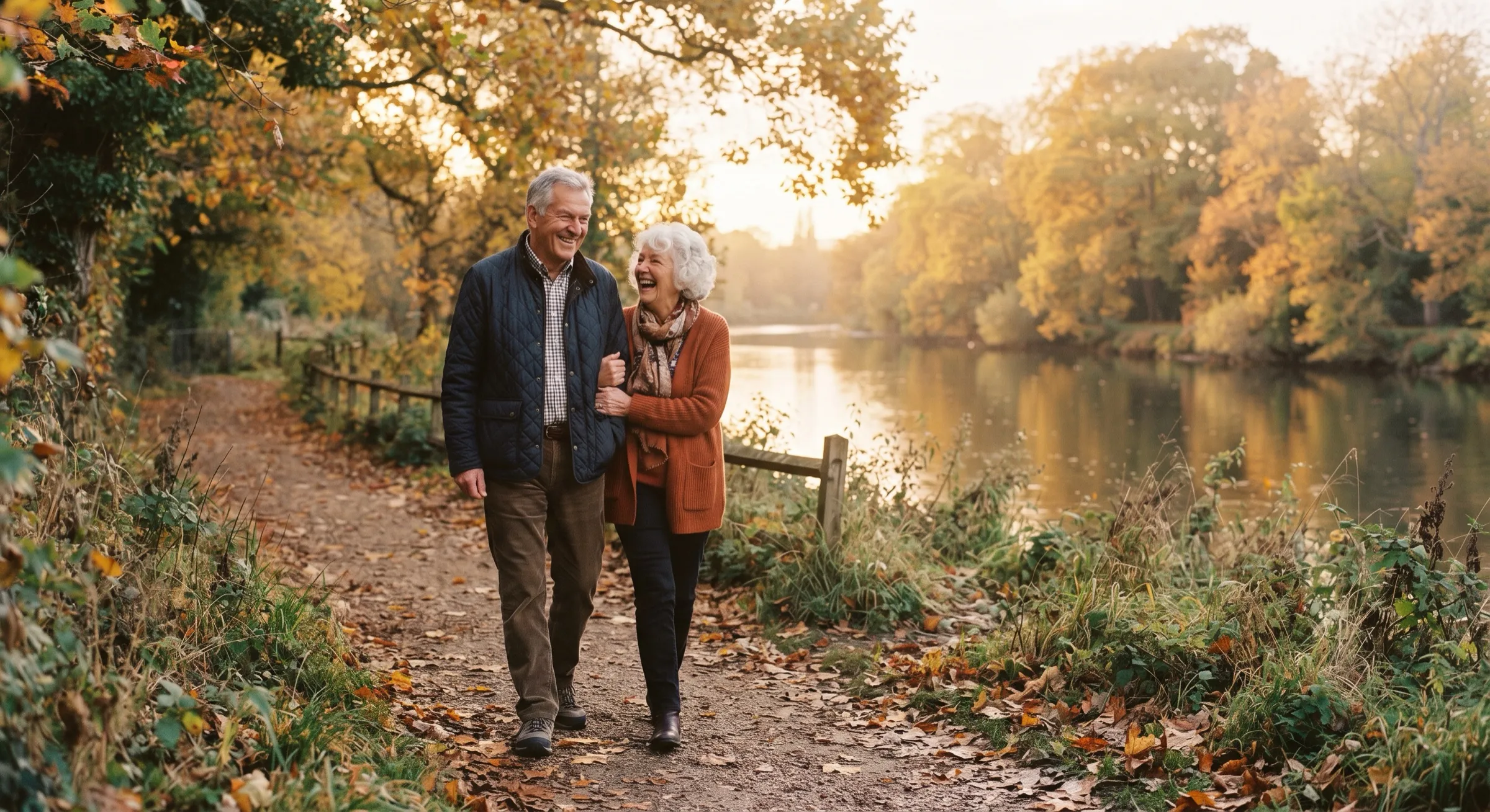 An older couple laughing arm in arm on a riverside path on a fall afternoon